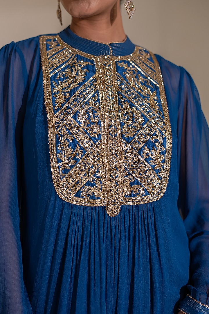Blue Georgette Dori Hand Embellished Midi Summer Dress by Rasasvada at Pernia's Pop Up Shop