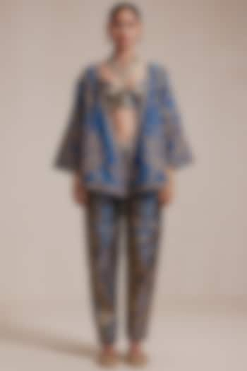 Blue Chanderi Hand & Machine Embroidered Jacket Set by Rasasvada at Pernia's Pop Up Shop