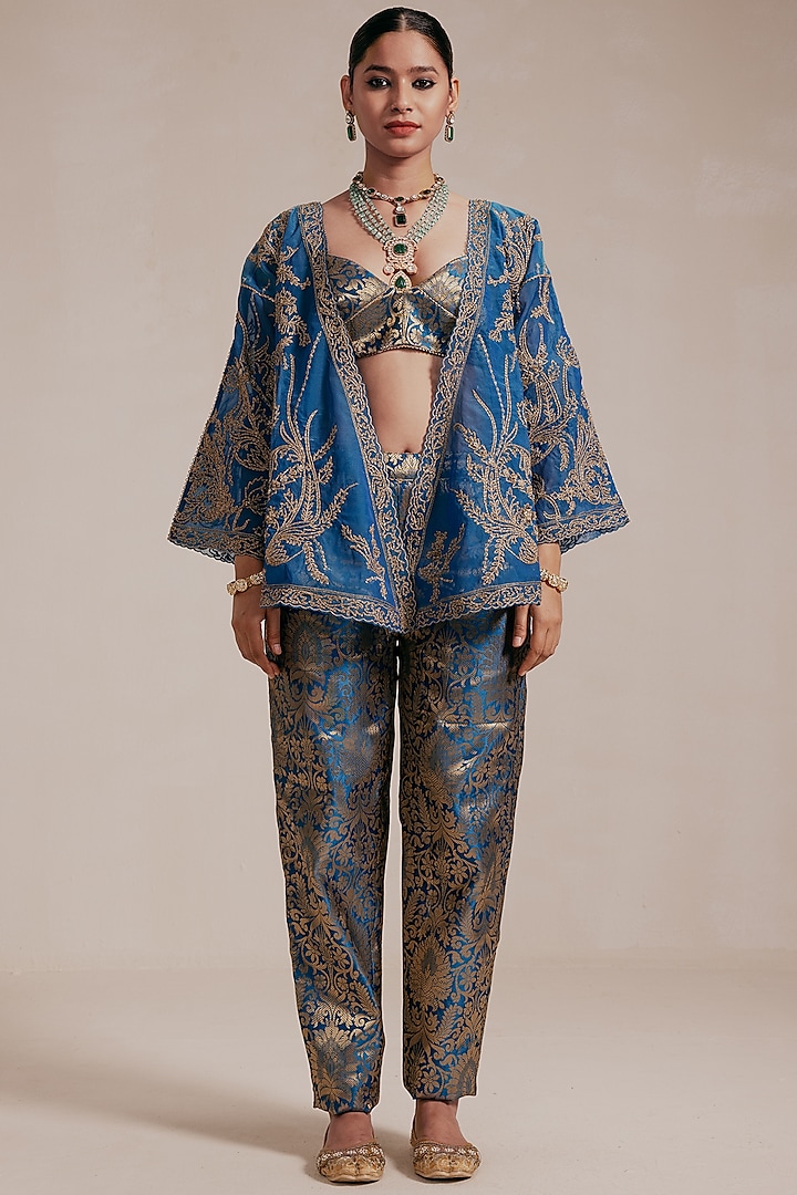 Blue Chanderi Hand & Machine Embroidered Jacket Set by Rasasvada at Pernia's Pop Up Shop