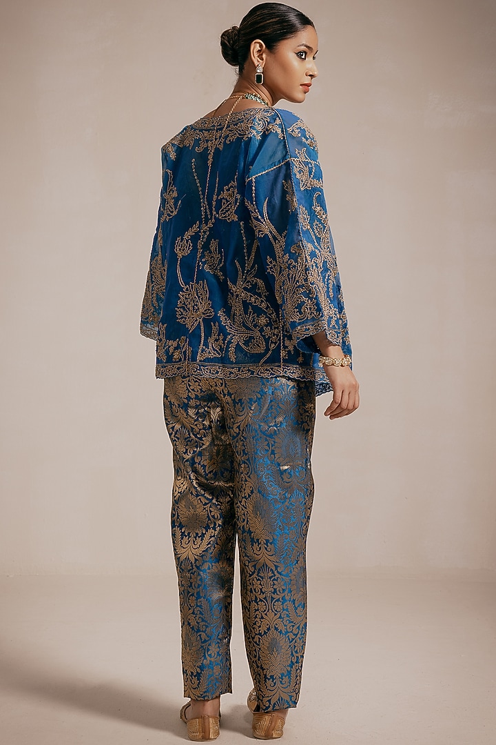 Blue Chanderi Hand & Machine Embroidered Jacket Set by Rasasvada at Pernia's Pop Up Shop