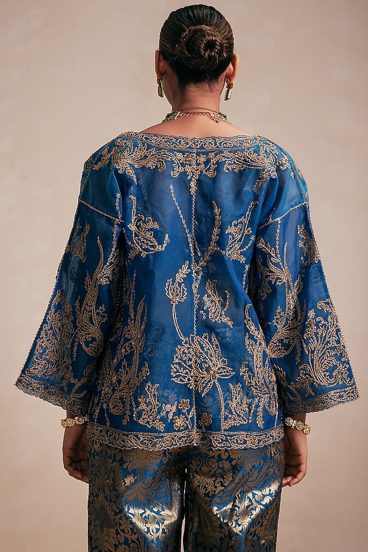 Blue Chanderi Hand & Machine Embroidered Jacket Set by Rasasvada at Pernia's Pop Up Shop