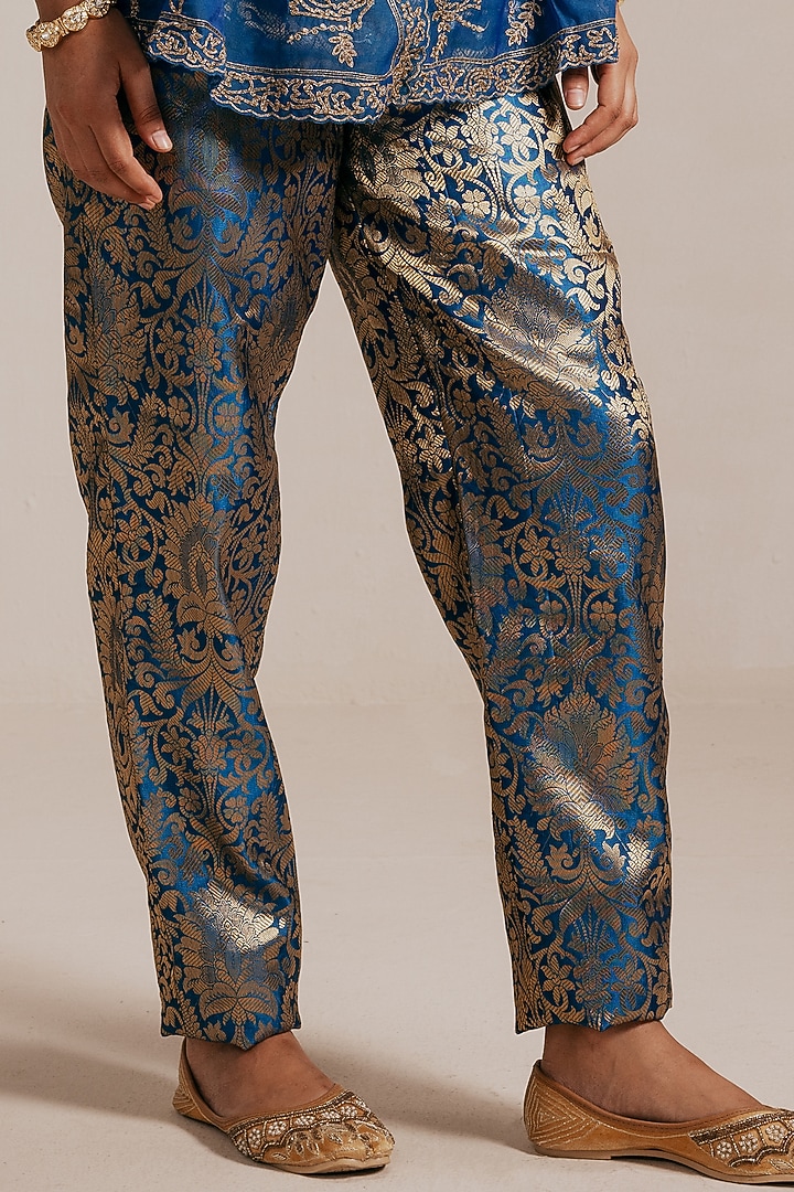 Blue Chanderi Hand & Machine Embroidered Jacket Set by Rasasvada at Pernia's Pop Up Shop