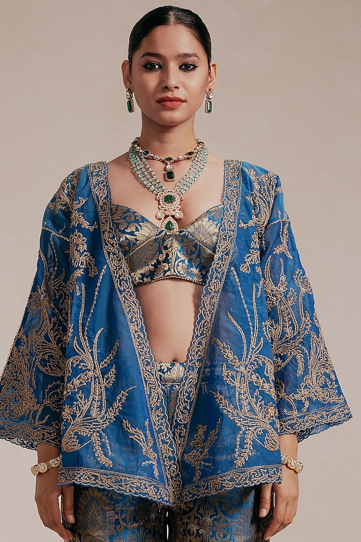 Blue Chanderi Hand & Machine Embroidered Jacket Set by Rasasvada at Pernia's Pop Up Shop