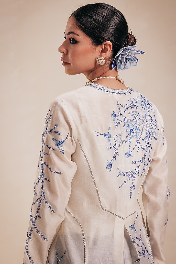 Ivory & Blue Chanderi Embroidered Structured Kurta Set by Rasasvada at Pernia's Pop Up Shop