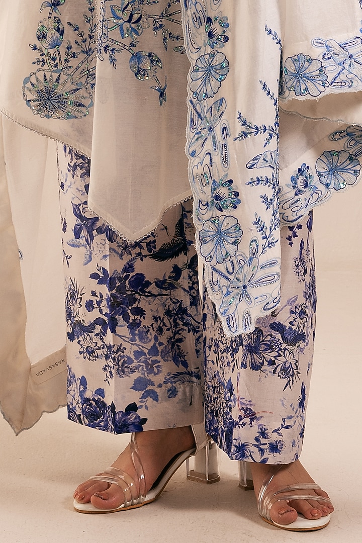 Ivory & Blue Chanderi Embroidered Structured Kurta Set by Rasasvada at Pernia's Pop Up Shop