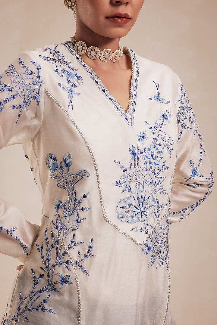 Ivory & Blue Chanderi Embroidered Structured Kurta Set by Rasasvada at Pernia's Pop Up Shop