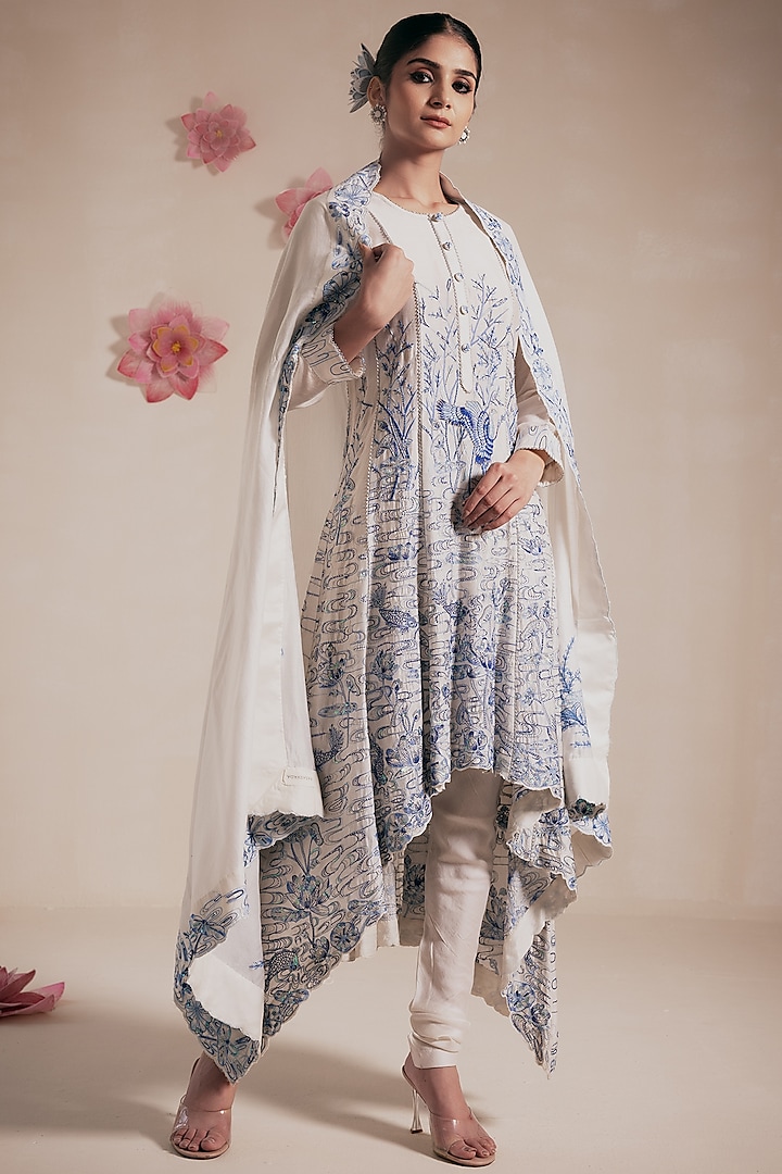 Ivory & Blue Chanderi Embroidered High-Low Kalidar Kurta Set by Rasasvada at Pernia's Pop Up Shop