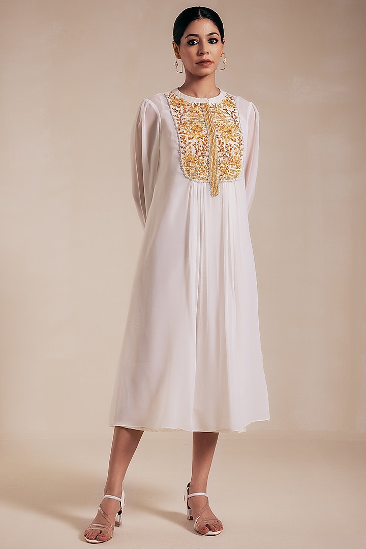 White Georgette Gold Embroidered Midi Dress by Rasasvada at Pernia's Pop Up Shop