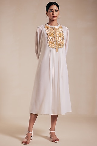 White Georgette Gold Embroidered Midi Dress by Rasasvada