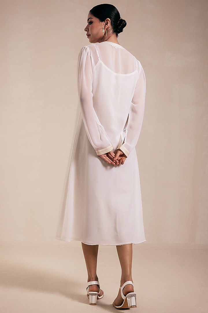 White Georgette Gold Embroidered Midi Summer Dress by Rasasvada at Pernia's Pop Up Shop