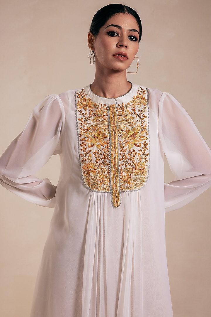 White Georgette Gold Embroidered Midi Summer Dress by Rasasvada at Pernia's Pop Up Shop