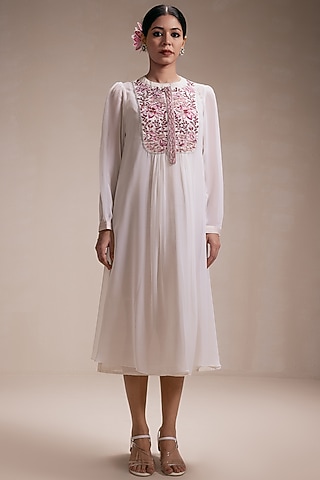White Georgette Embroidered Midi Dress by Rasasvada