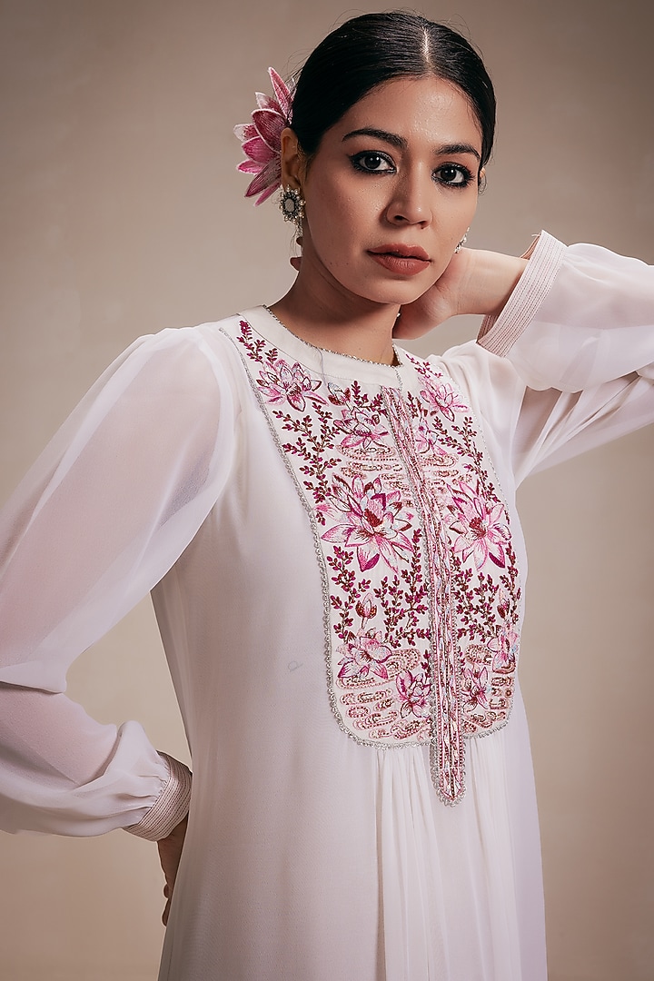 White Georgette Embroidered Midi Summer Dress by Rasasvada at Pernia's Pop Up Shop