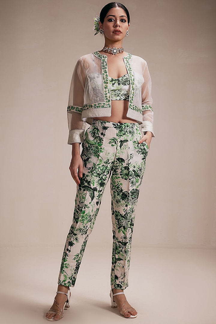 Green Organza Hand Embroidered Jacket Set by Rasasvada at Pernia's Pop Up Shop