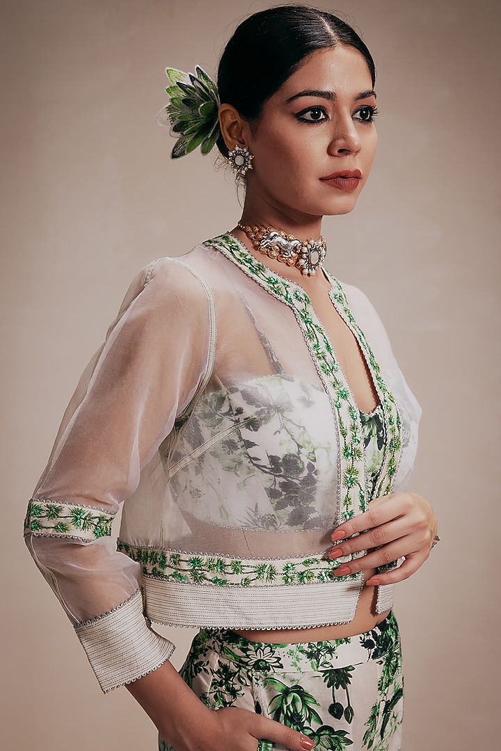 Green Organza Hand Embroidered Jacket Set by Rasasvada at Pernia's Pop Up Shop