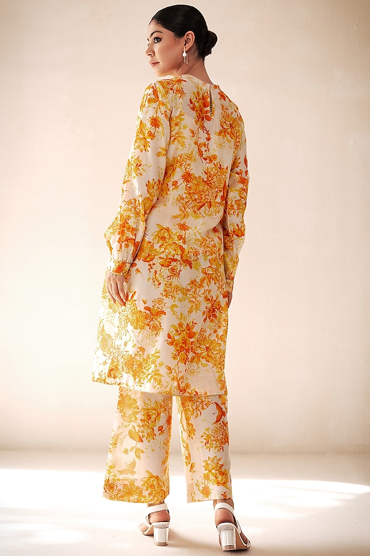 Yellow Chanderi Printed Kurta Set by Rasasvada at Pernia's Pop Up Shop