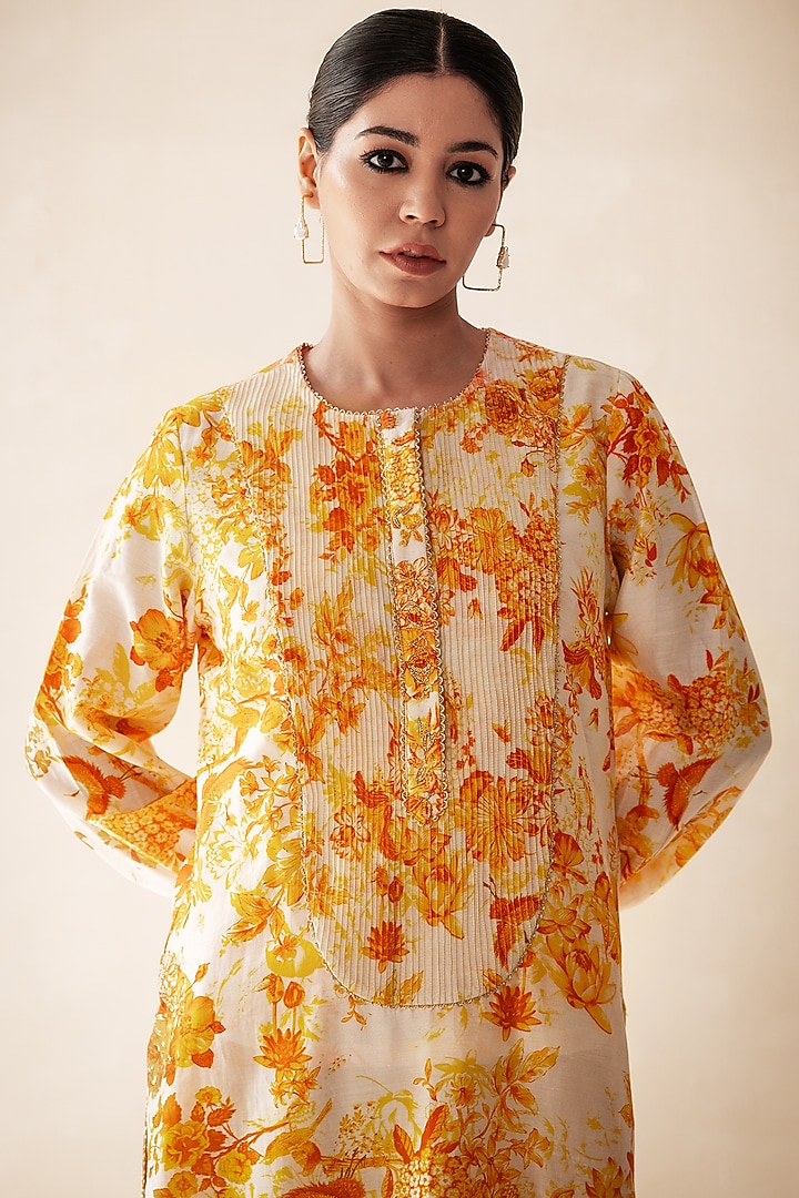 Yellow Chanderi Printed Kurta Set by Rasasvada at Pernia's Pop Up Shop