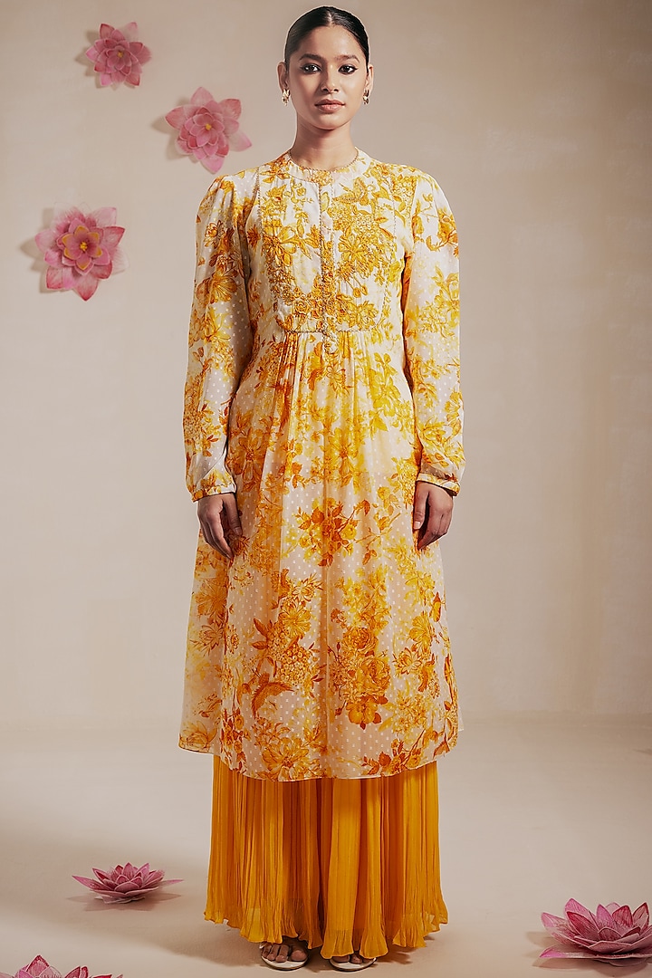 Yellow Chiffon Printed Kurta Set by Rasasvada at Pernia's Pop Up Shop