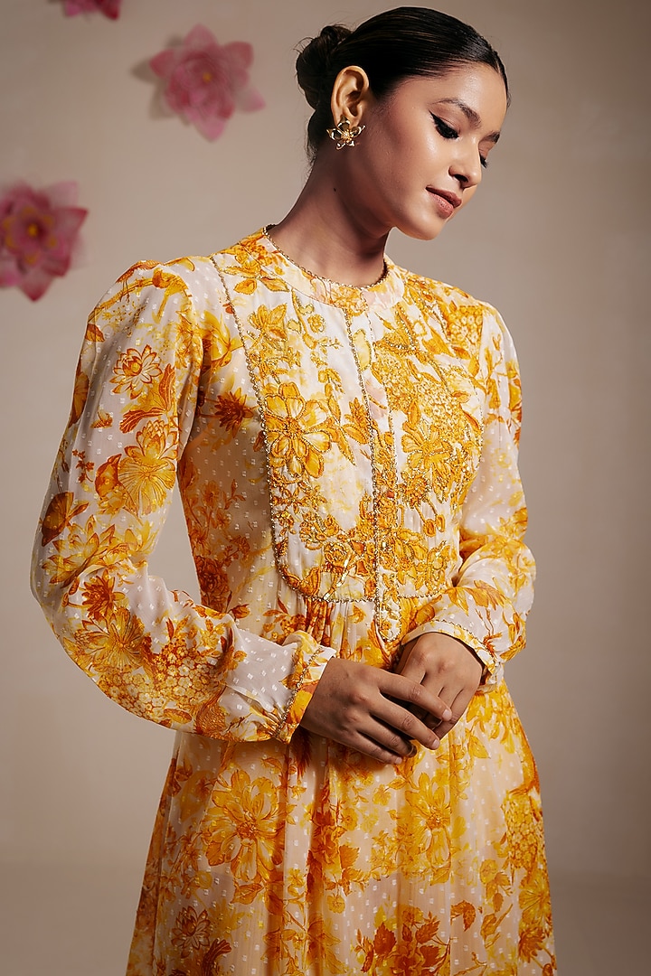 Yellow Chiffon Printed Kurta Set by Rasasvada at Pernia's Pop Up Shop