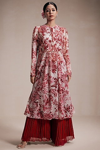 Maroon Chiffon Printed Kurta Set by Rasasvada
