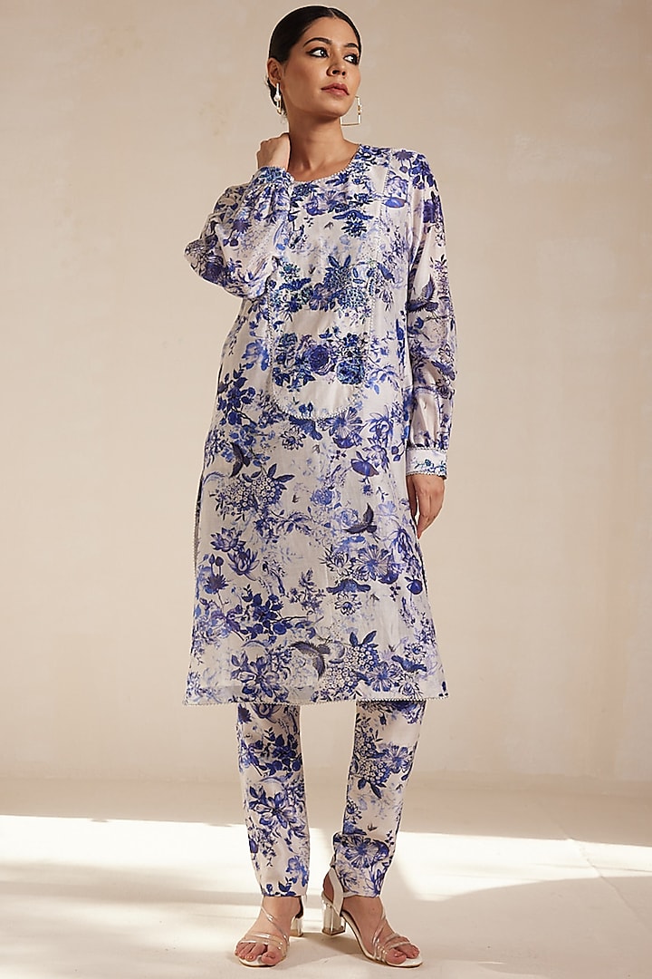 Blue Chanderi Silk Printed Kurta Set by Rasasvada at Pernia's Pop Up Shop