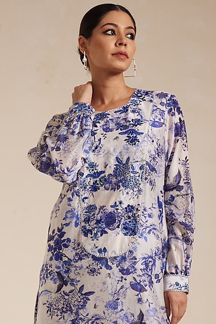 Blue Chanderi Silk Printed Kurta Set by Rasasvada at Pernia's Pop Up Shop