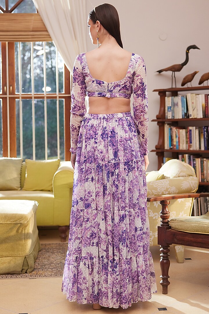 Purple Chiffon Printed Skirt Set by Rasasvada at Pernia's Pop Up Shop