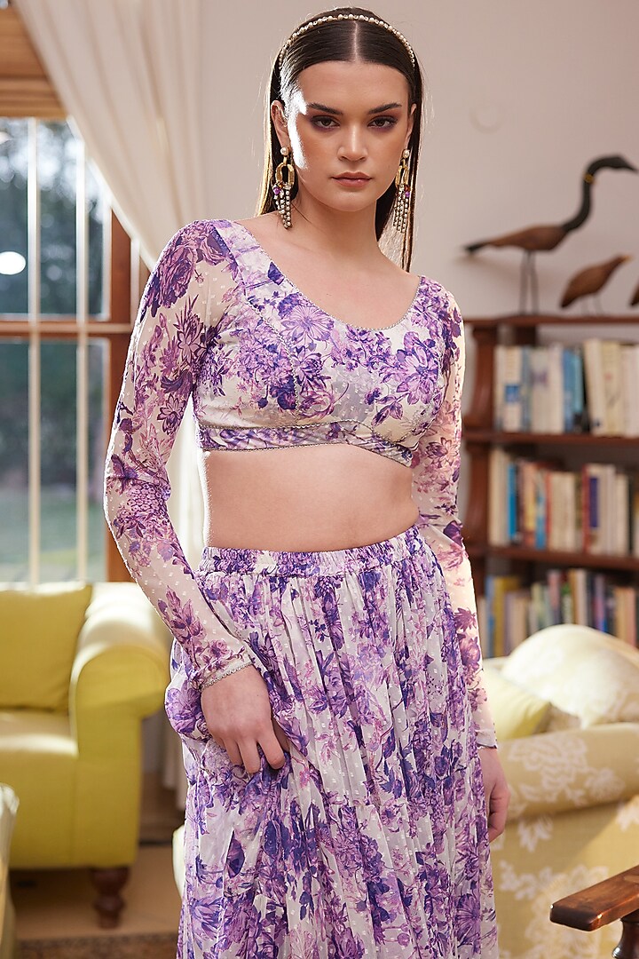 Purple Chiffon Printed Skirt Set by Rasasvada at Pernia's Pop Up Shop