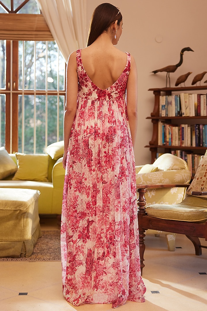 Pink Swiss Dot Chiffon Printed Maxi Vacation Dress by Rasasvada at Pernia's Pop Up Shop
