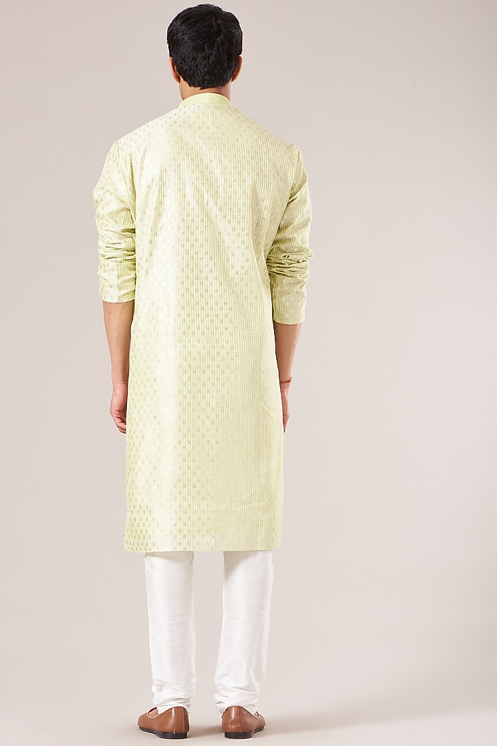 Lemon Green Jacquard Silk Thread Embroidered Kurta Set by RNG Safawala Men at Pernia's Pop Up Shop