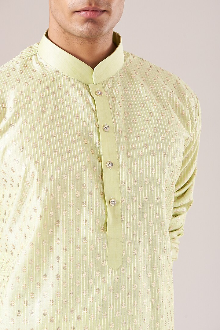 Lemon Green Jacquard Silk Thread Embroidered Kurta Set by RNG Safawala Men at Pernia's Pop Up Shop