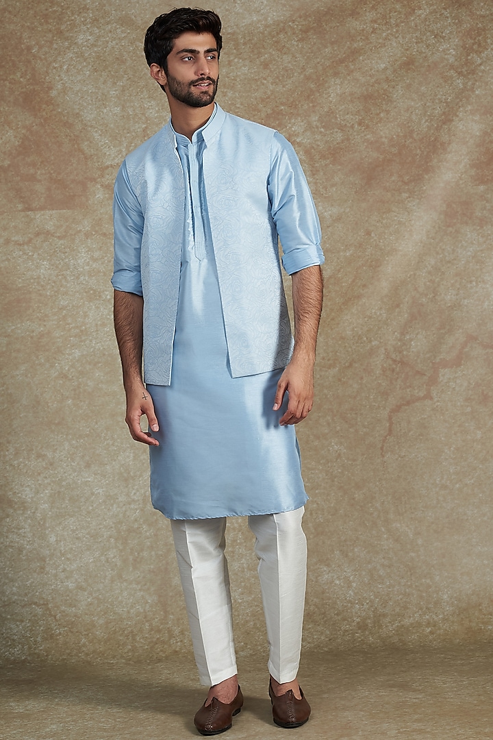 Powder Blue Cotton Silk Embroidered Bundi Jacket With Kurta Set by RNG Safawala Men