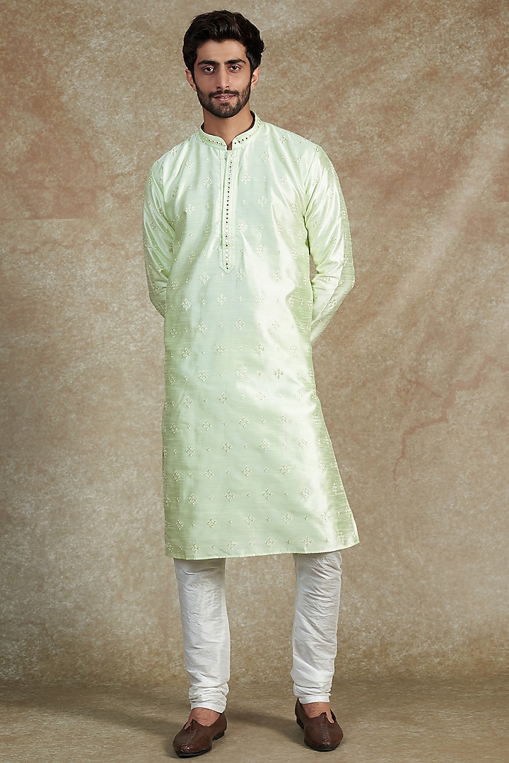 Pista Green Cotton Silk Embroidered Kurta Set by RNG Safawala Men