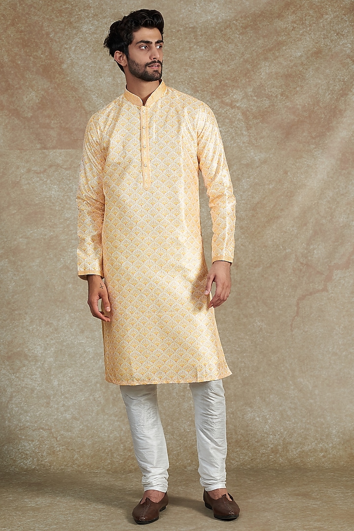 Off-White & Tangerine Cotton Silk Printed & Embroidered Kurta Set by RNG Safawala Men