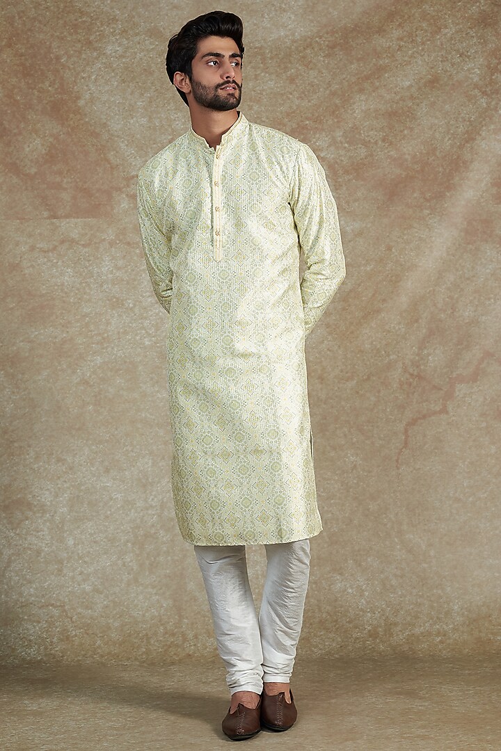 Off-White & Sky Blue Cotton Silk Printed & Embroidered Kurta Set by RNG Safawala Men