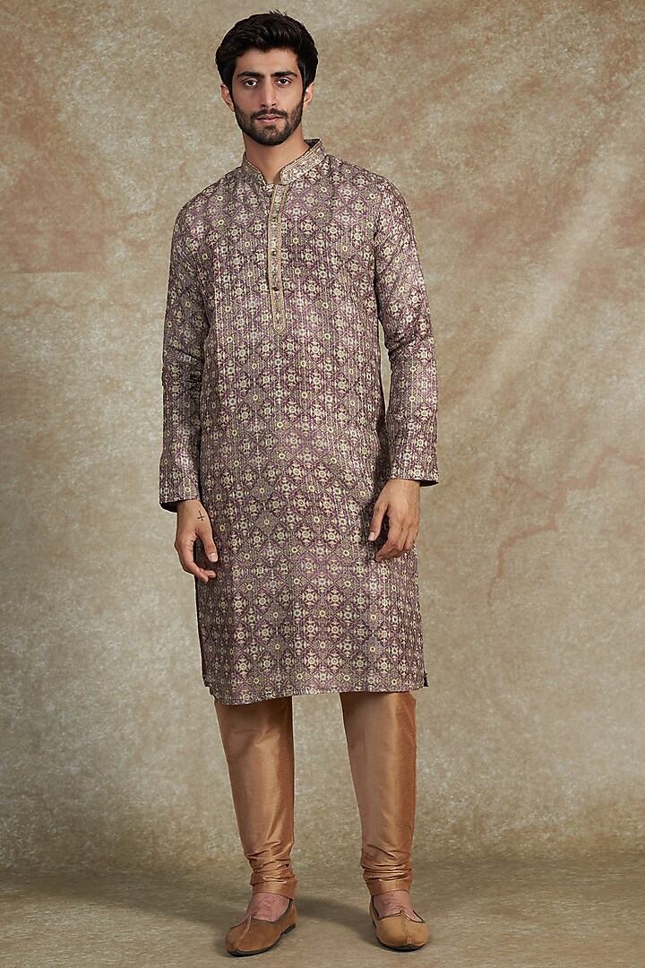Purple Cotton Silk Printed & Embroidered Kurta Set by RNG Safawala Men