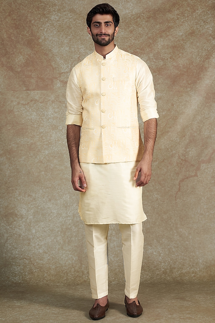 Yellow Jacquard Bundi Jacket Set by RNG Safawala Men