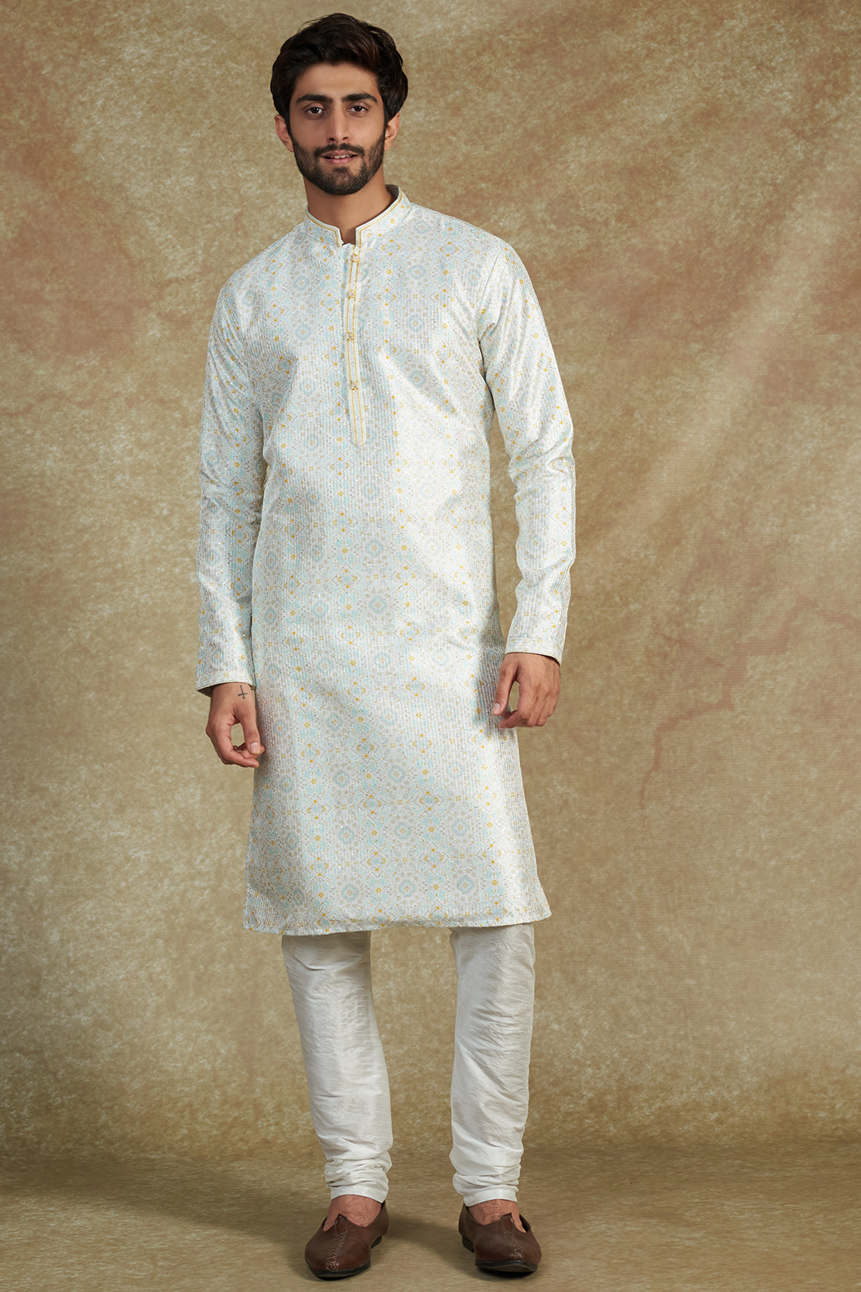 Off-White Cotton Silk Printed & Sequins Embroidered Kurta Set by RNG Safawala Men