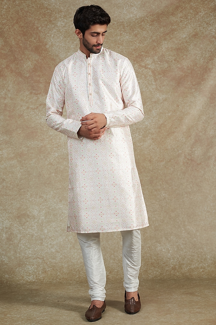 Off-White & Pink Cotton Silk Printed Kurta Set by RNG Safawala Men