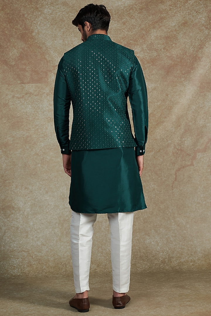 Teal Green Raw Silk Thread Embroidered Bundi Jacket Set by RNG Safawala Men at Pernia's Pop Up Shop