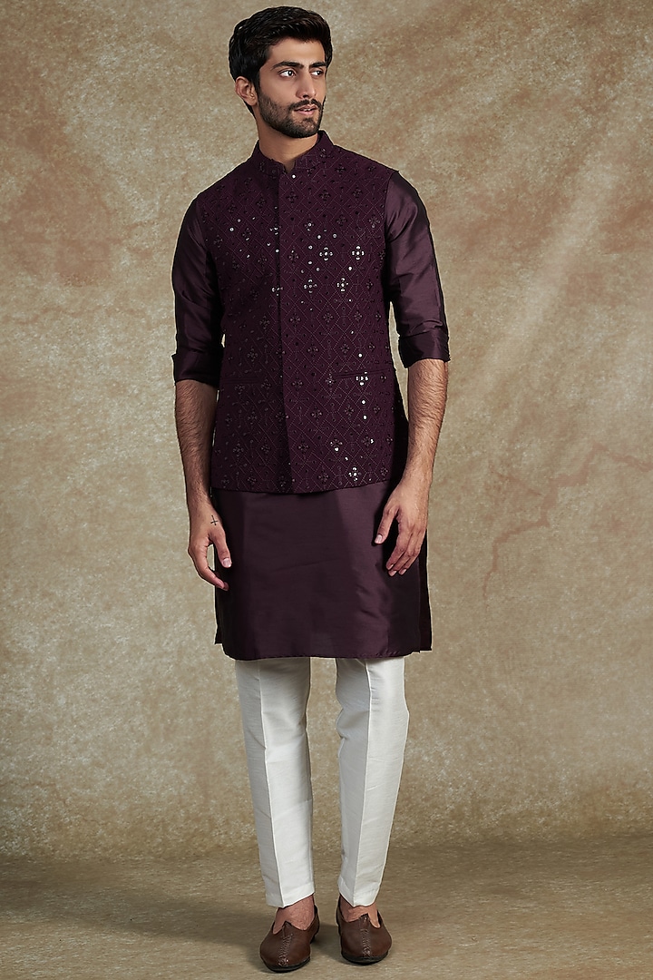 Wine Cotton Silk Embroidered Bundi Jacket With Kurta Set by RNG Safawala Men