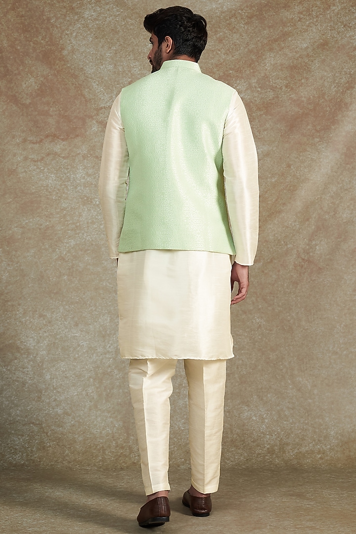 Sage Green Jacquard Bundi Jacket Set by RNG Safawala Men at Pernia's Pop Up Shop