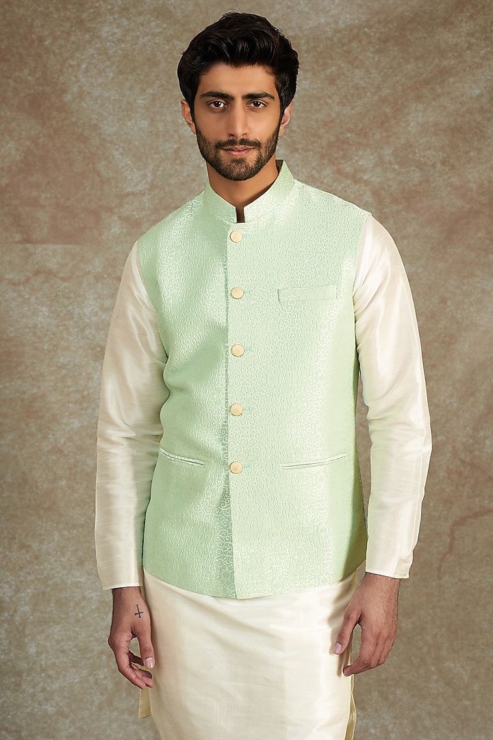 Sage Green Jacquard Bundi Jacket Set by RNG Safawala Men at Pernia's Pop Up Shop