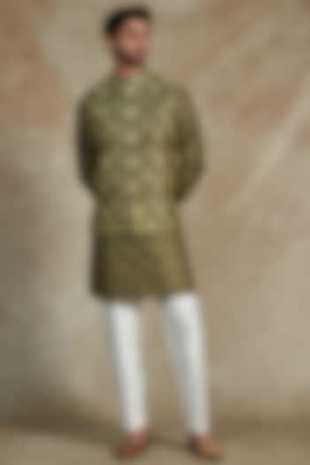 Mehendi Green Cotton Printed Bundi Jacket With Kurta Set by RNG Safawala Men