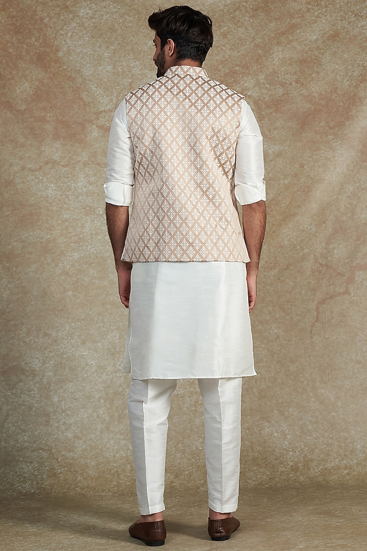 Blush Pink Jacquard Bundi Jacket With Kurta Set by RNG Safawala Men at Pernia's Pop Up Shop