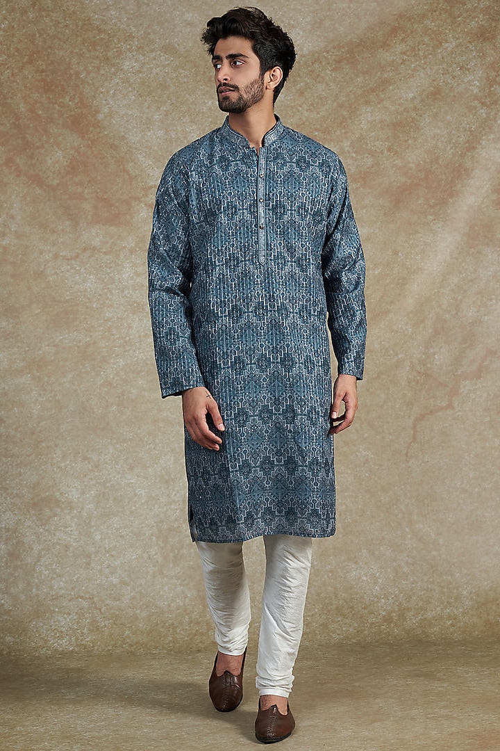 Navy Blue Cotton Silk Printed Kurta Set by RNG Safawala Men