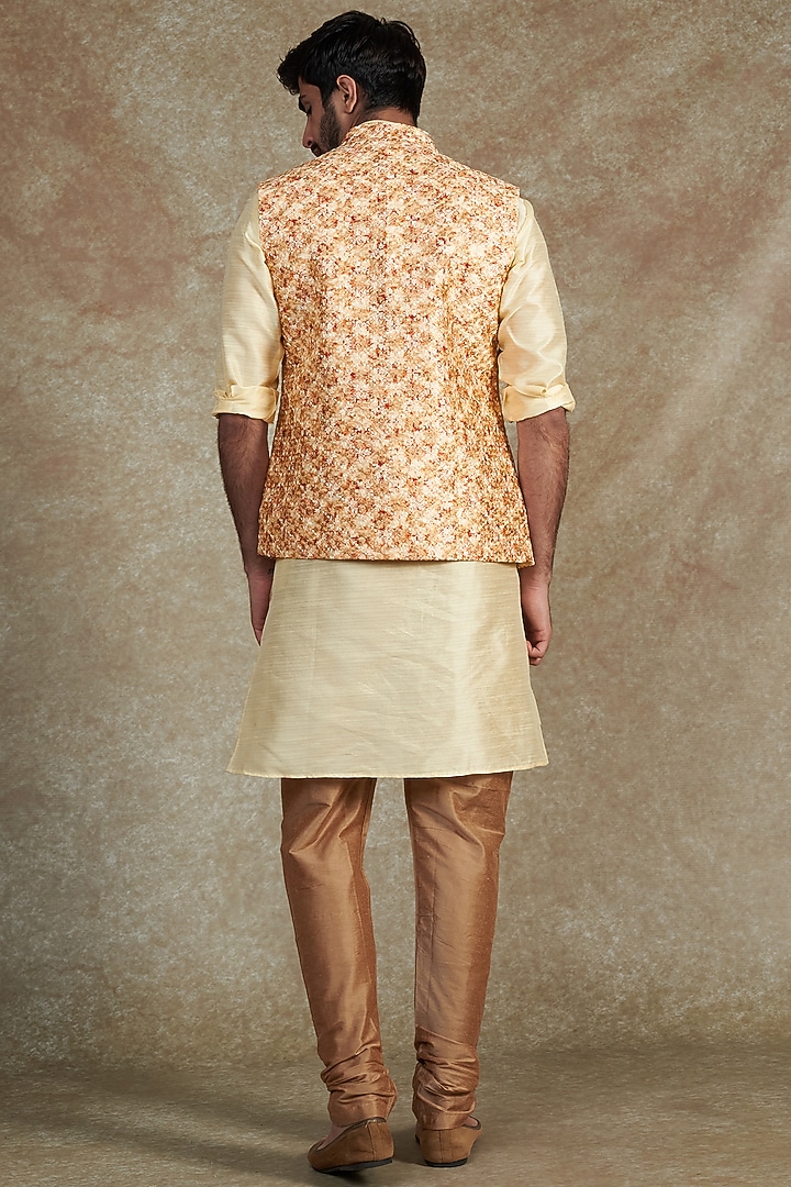 Beige Raw Silk Resham Embroidered Bundi Jacket Set by RNG Safawala Men at Pernia's Pop Up Shop