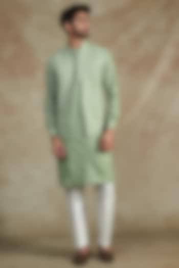 Green Cotton Silk Embroidered Bundi Jacket With Kurta Set by RNG Safawala Men