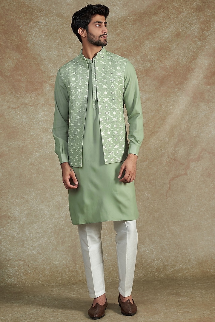 Green Cotton Silk Embroidered Bundi Jacket With Kurta Set by RNG Safawala Men