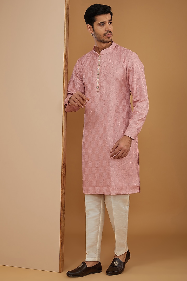 Dusty Pink Georgette Sequins Embroidered Kurta Set by RNG Safawala Men